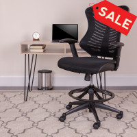 Flash Furniture BL-LB-8816D-GG High Back Designer Black Mesh Drafting Chair with Leather Sides and Adjustable Arms 
